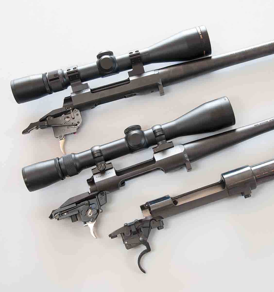 Browning receiver designs have changed over the years. From top down, these include the X-Bolt, the A-Bolt II and a 1960’s Safari High Power built by Fabrique Nationale.